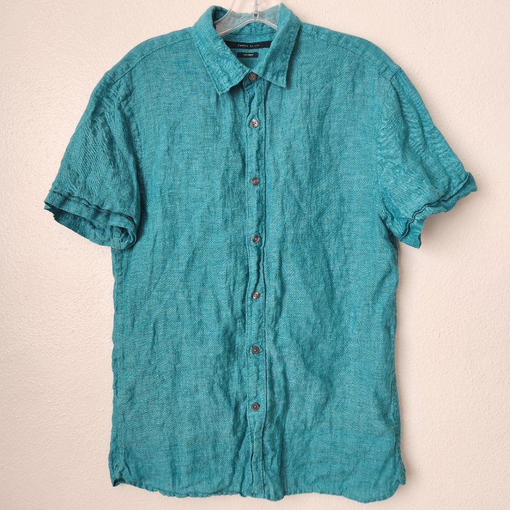 Perry Ellis 100% Linen Short Sleeve Button Down Turquoise  Shirt Mens S - Picture 2 of 12